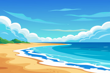 A beautiful tropical island paradise where the blue ocean waves meet the sandy beach under a sunny sky with soft clouds on the horizon