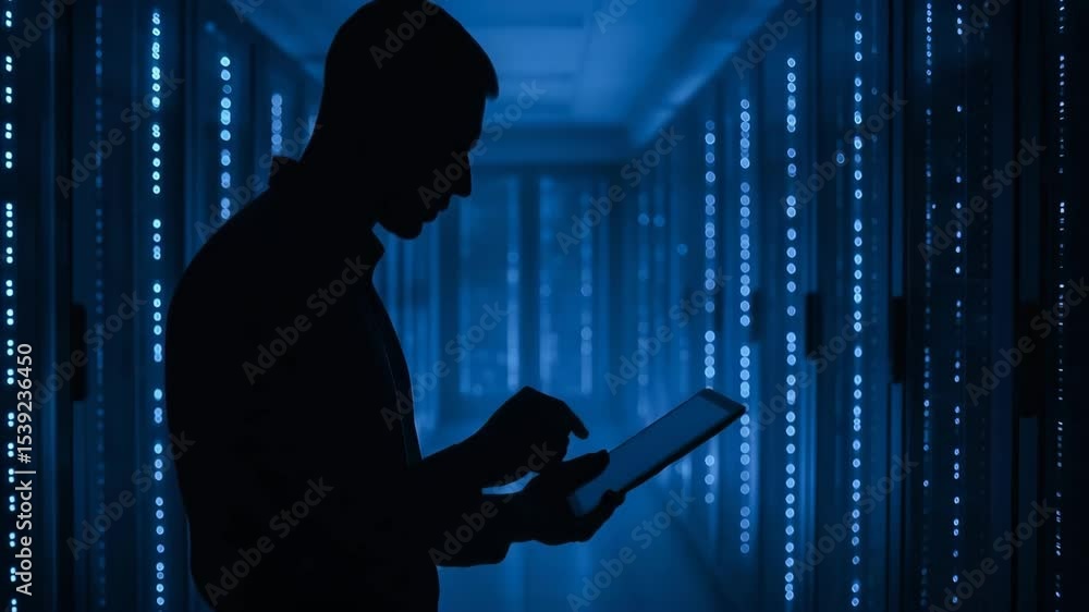Aufkleber a silhouette of a person using a tablet in a data center environment, surrounded by rows of servers 