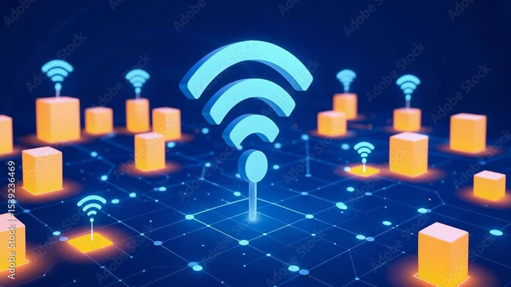 Poster a digital representation of wireless technology, showcasing wi-fi signals and data blocks. this imag