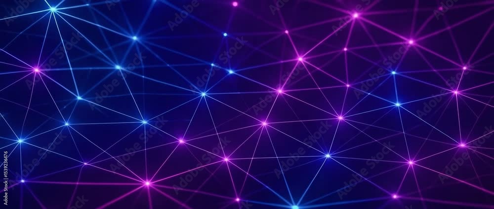 Poster a vibrant abstract digital network featuring interconnected nodes and glowing lines in blue and pink