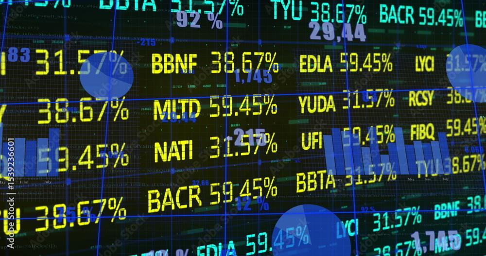 Poster displaying financial screen scrolling stock ticker symbols in trading floor, with highlight circles