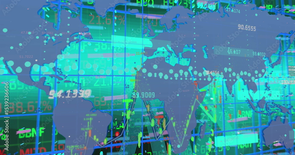 Poster displaying translucent blue world map overlay on financial data interface, with stock tickers