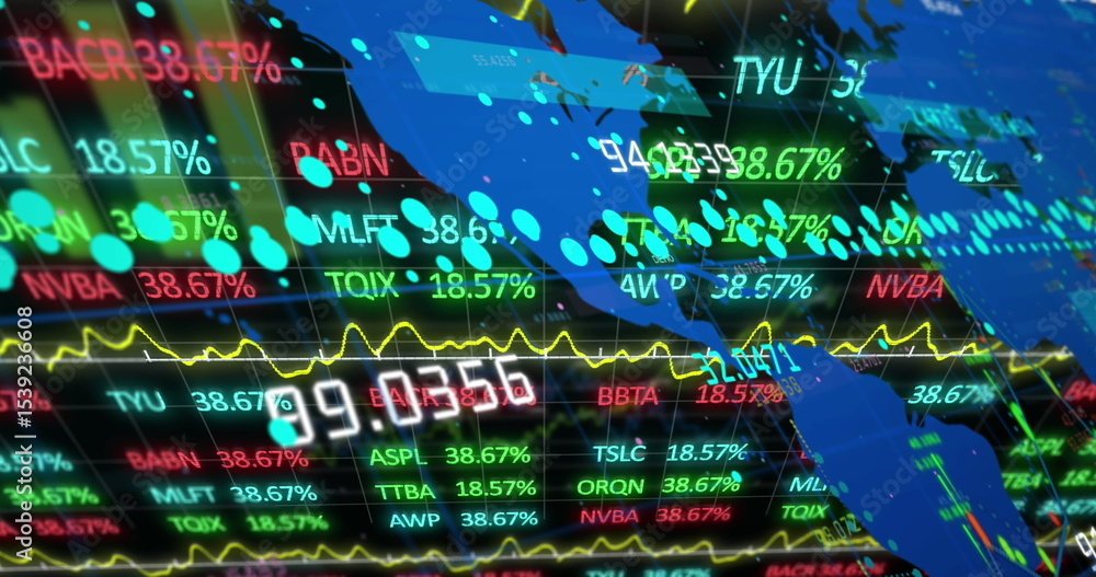Poster displaying digital market data overlay on trading interface, with ticker symbols and data points