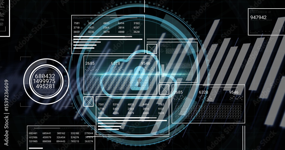 Poster displaying holographic cloud icon with padlock at cybersecurity dashboard, showing circular grid