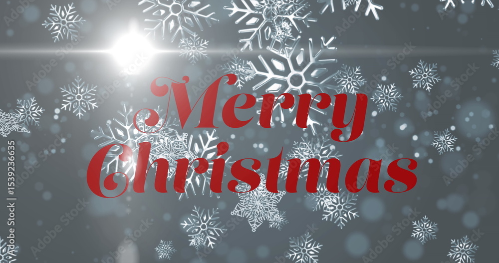 Poster displaying red cursive merry christmas text on digital card with snowflakes, bokeh and lens flare