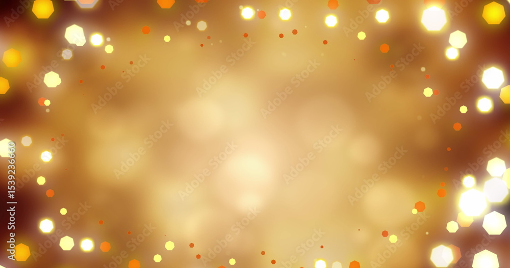 Poster floating warm-toned hexagonal and circular bokeh lights in abstract digital studio, amber gradient