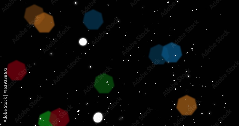 Poster floating translucent multicolored hexagonal lights over abstract dark field with star speckles