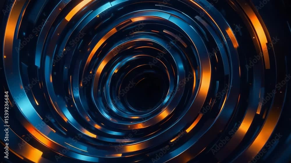 Poster an abstract design of swirling metallic circles in vibrant blue and orange hues, resembling a vortex