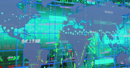 Displaying translucent blue world map overlay on financial data interface, with stock tickers