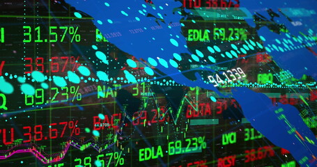 Financial market graph tracing line charts in trading dashboard, with map overlay and neon percents