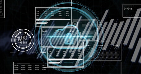 Displaying holographic cloud icon with padlock at cybersecurity dashboard, showing circular grid