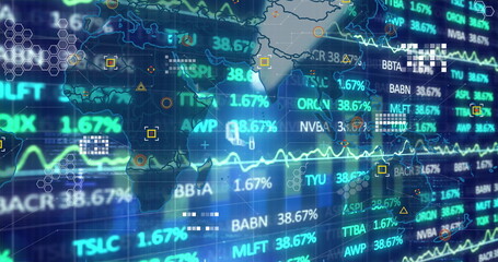 Displaying world map grid fluctuating BBTA TYU tickers and percentage in trading interface