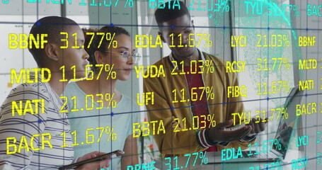 Three professionals reviewing financial data on glass wall in office, with smartphones and tablet