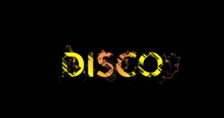 Glowing stylized DISCO letters radiating yellow-orange glow on black neon canvas, electric sparks