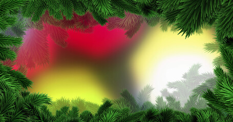 Forming lush green pine branch foliage around blurred red yellow white gradient, holiday frame