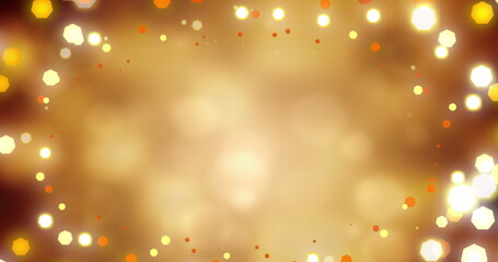 Floating warm-toned hexagonal and circular bokeh lights in abstract digital studio, amber gradient