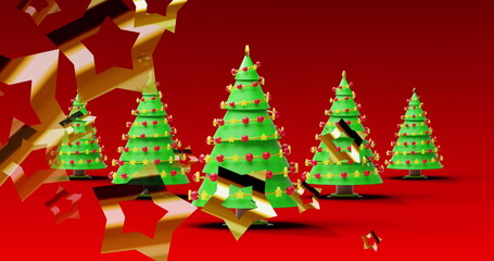 Fototapeta premium Glowing cone-shaped green Xmas tree with red and yellow ornaments on red stage, floating gold stars
