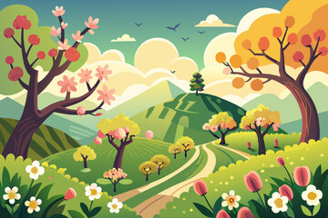 Fototapeta premium Vector cartoon illustration of a vibrant spring landscape with blooming trees and flowers, birds, and a bright sky over a rural meadow