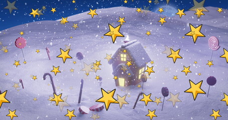 Fototapeta premium Glowing windows lighting gingerbread house sitting on snowy hill, with candy canes, floating stars