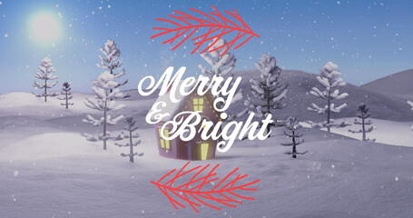 Drifting snowflakes accenting wooden cabin lit windows among pine trees, with Merry  and  Bright mot