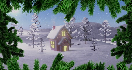 Fototapeta premium Drifting snowflakes falling through forest clearing, with glowing cottage windows and fir branches
