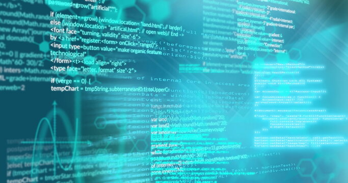 Floating code streaming over interface, showing HTML or CSS or JavaScript, hex grid and waveform ove
