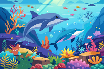 Naklejka premium A vibrant, seamless cartoon illustration of funny marine life featuring fish, sharks, dolphins, and an octopus in the tropical blue ocean water