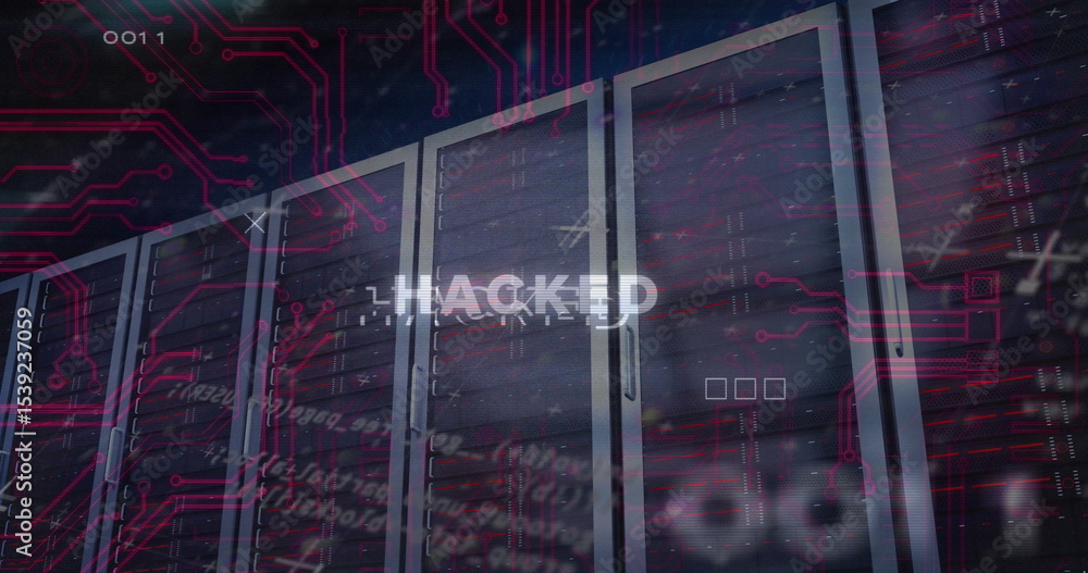 Fototapete Displaying server racks in server room with red circuit graphics, code snippets, hacked glitch text