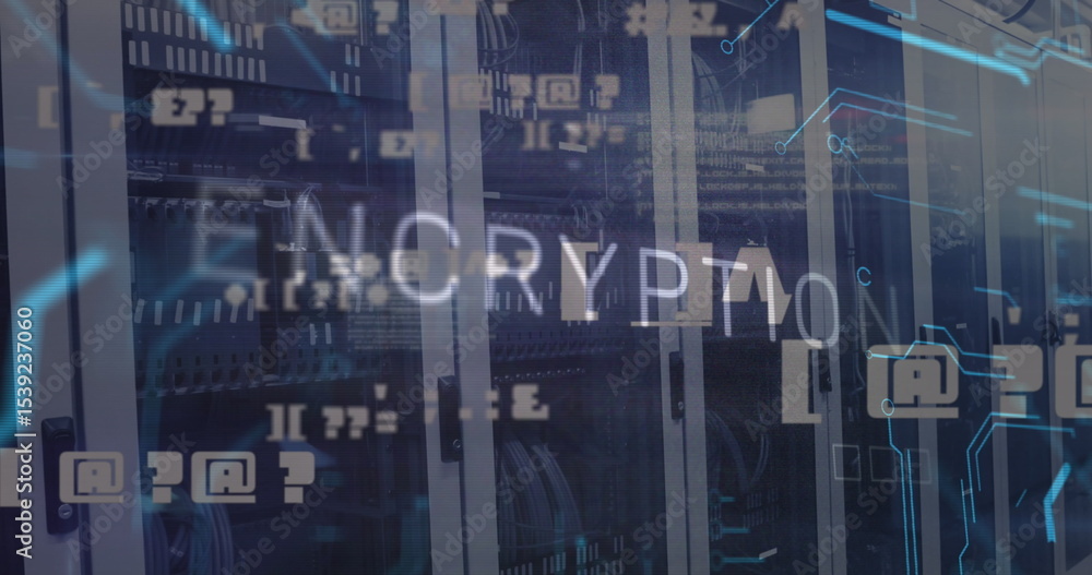 Poster showing server racks in datacenter, patch panels, cables and holographic crypton code
