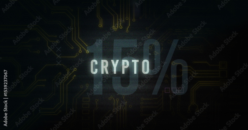 Poster displaying stylized 15% crypto text hovering over technology interface, with circuit board traces