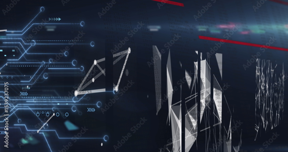 Poster interface showing glowing circuits and arrows, white triangular net, polygon shapes and red accents