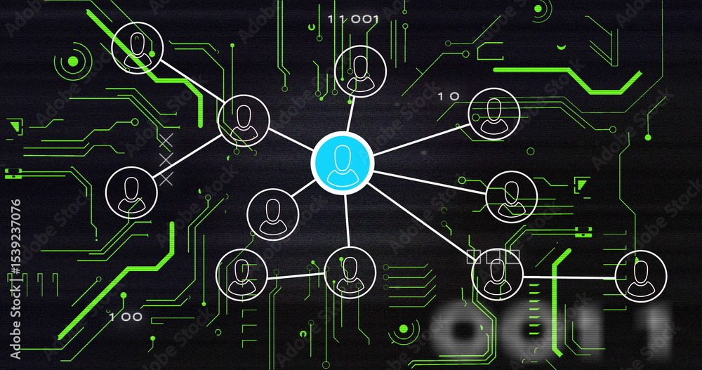 Aufkleber connecting central blue user icon to white user icons on network diagram with green circuit traces