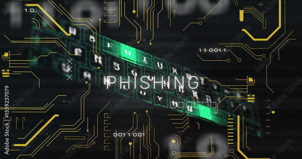 Poster floating keyboard glowing with green backlit keys in cyber interface, showing phishing letters