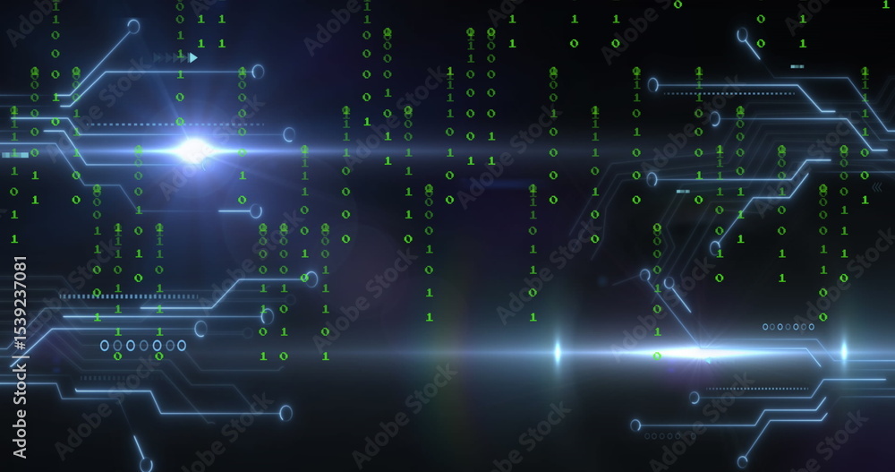 Poster displaying circuit traces merging with falling green binary digits on digital display, lens flares