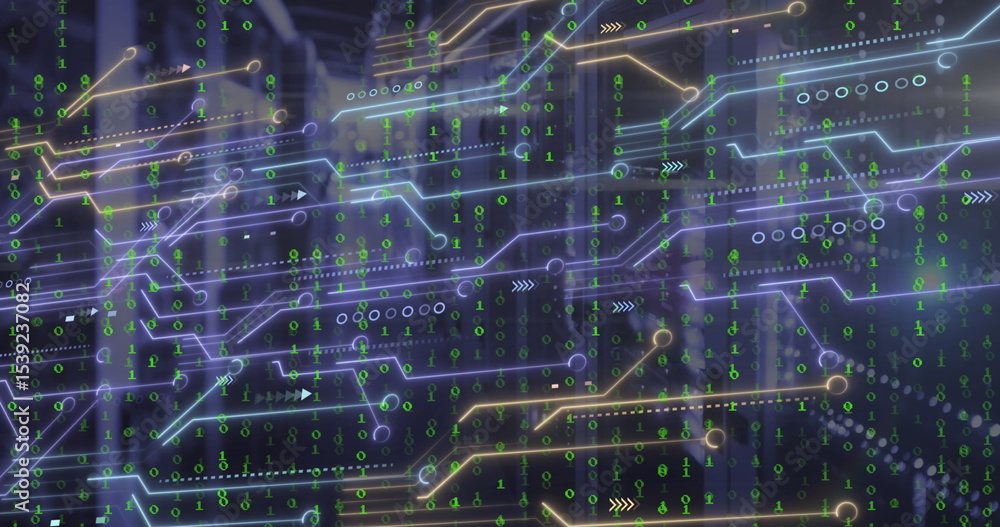 Poster showing circuit board lines nodes green binary bits and arrows overlaying datacenter server racks