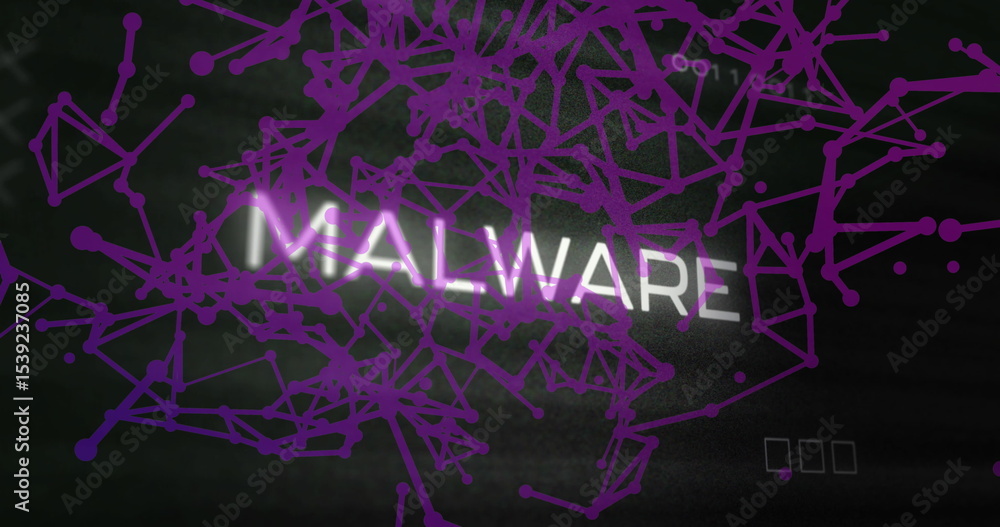 Poster displaying malware floating in network environment, with purple nodes and three outlined squares