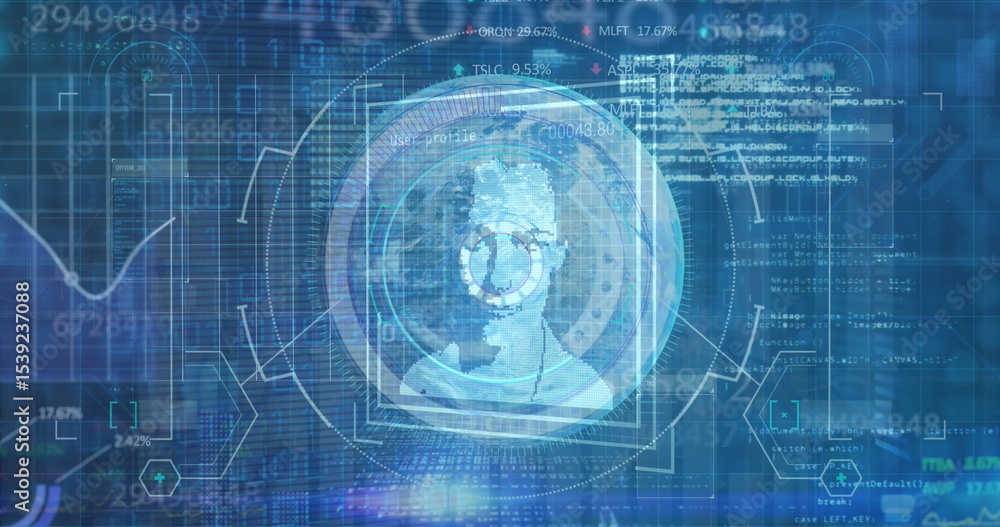 Poster scanning biometric scan in console with fingerprint icon, head silhouette, scan rings and overlays
