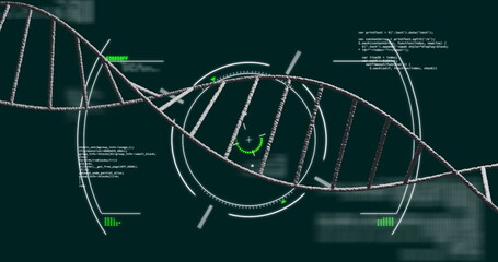 Displaying DNA helix running across teal interface, with holographic reticles and code snippets