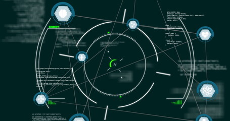 Showing central circular HUD interface in control panel, with green indicator, nodes and code text