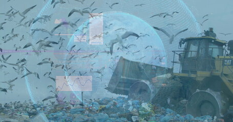 Operating loader moving waste at landfill amid seagulls, charts and globe grid overlay, copy space