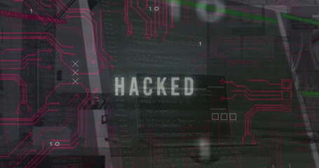 Displaying bold white HACKED text on computer interface with red circuit traces and scrolling code