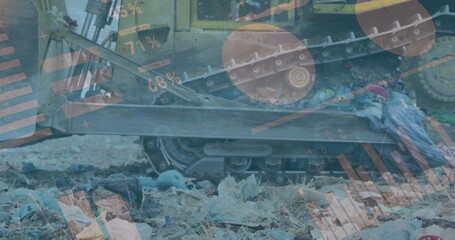 Pushing tracked bulldozer flattening waste at open dump site, with digital data overlays