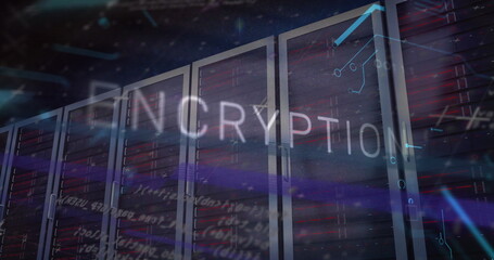 Displaying encryption graphics over core server racks in server room, emphasizing data security
