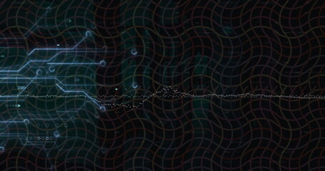 Showing neon blue lines, nodes, arrows merging into dotted waveform on dark wavy grid, copy space