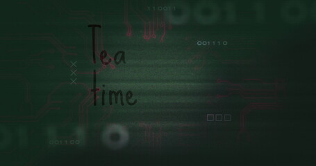 Hovering 'Tea time' text over circuit display with binary code squares and glitch overlays