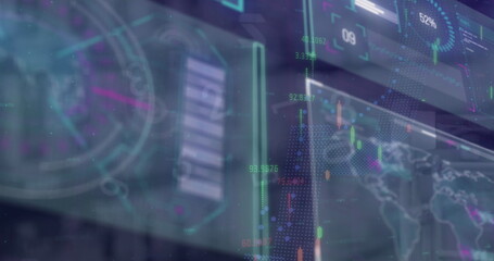 Displaying dashboard in futuristic control panel with gauge, charts, world map and candlesticks