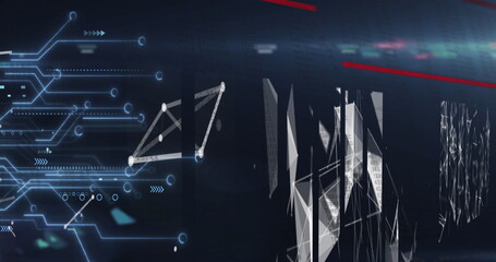 Interface showing glowing circuits and arrows, white triangular net, polygon shapes and red accents