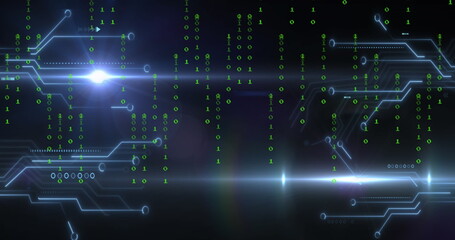 Displaying circuit traces merging with falling green binary digits on digital display, lens flares