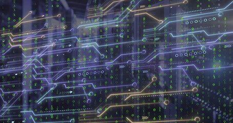 Showing circuit board lines nodes green binary bits and arrows overlaying datacenter server racks
