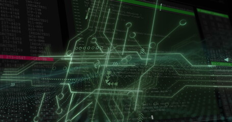 Displaying green circuit network overlay in cyber interface with data streams, code and UI borders